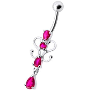 14G Fancy Dangling Green Stone Belly Ring - Red