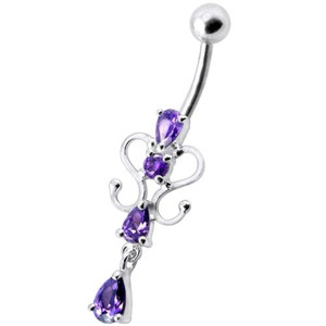 14G Fancy Dangling Green Stone Belly Ring - Purple