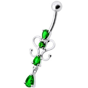 14G Fancy Dangling Green Stone Belly Ring - Emerald