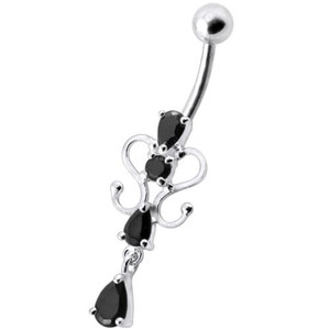 14G Fancy Dangling Green Stone Belly Ring - black