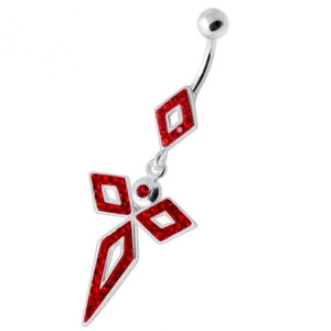 4 Diamonds Silver Navel Belly Bar - Red