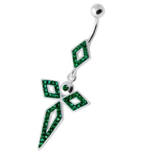 4 Diamonds Silver Navel Belly Bar - Emerald