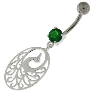 925 Sterling Silver Dancing Peacock Belly Button Ring - Emerald