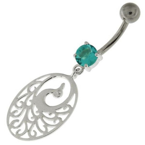 925 Sterling Silver Dancing Peacock Belly Button Ring - Aqua