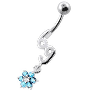 69 with flower Dangling Navel Belly bar - Aqua