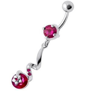 Fancy Jeweled Dangling Star SS Bar Belly Ring - Red