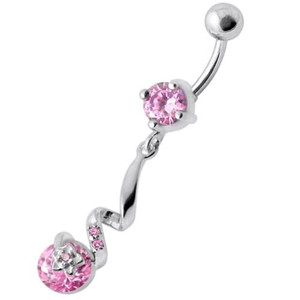 Fancy Jeweled Dangling Star SS Bar Belly Ring - Pink