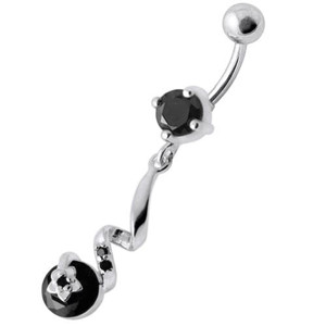 Fancy Jeweled Dangling Star SS Bar Belly Ring - Black