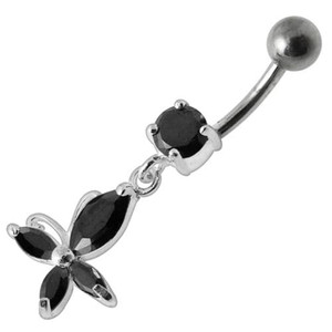 Fancy Jeweled Flower Dangling Body Jewelry Belly Ring - Black