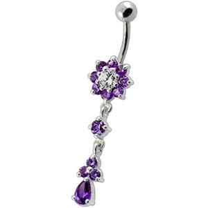 Fancy Jeweled Flower Dangling Curved Bar Belly Ring - Purple