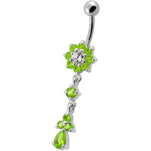 Fancy Jeweled Flower Dangling Curved Bar Belly Ring - Peridot