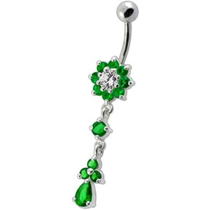 Fancy Jeweled Flower Dangling Curved Bar Belly Ring - Emerald