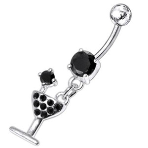 Fancy Jeweled GLASS Dangling Banana Bar Belly Ring - Black