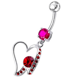 Fancy Jeweled Heart Dangling Belly Ring - Red