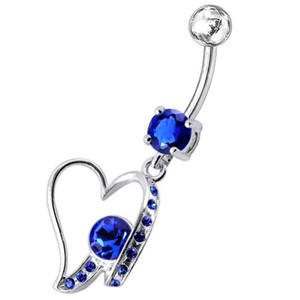Fancy Jeweled Heart Dangling Belly Ring - Dark Blue