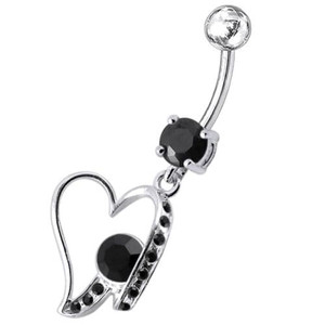 Fancy Jeweled Heart Dangling Belly Ring - black