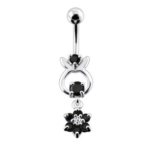 Bunny Jeweled Hanging Flower Dangling Belly Ring - Black