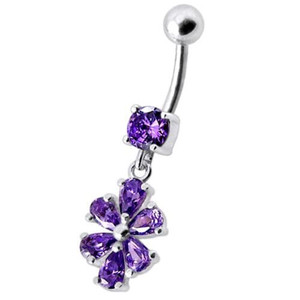 Fancy  Flower Jeweled Silver Dangling With SS Bar Navel Ring - Purple