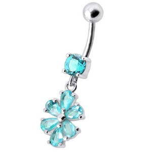 Fancy  Flower Jeweled Silver Dangling With SS Bar Navel Ring - Aqua