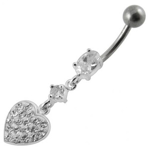 Fancy  Heart Dangling SS Bar Navel Ring - Clear