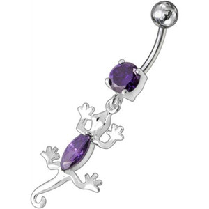 Fancy Jeweled Lizard Dangling Curved Bar Belly Ring Body Jewelry - Purple