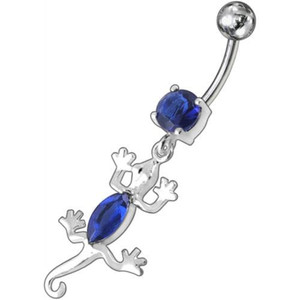 Fancy Jeweled Lizard Dangling Curved Bar Belly Ring Body Jewelry - Dark blue
