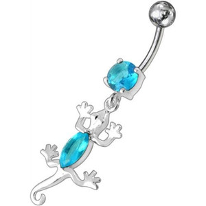 Fancy Jeweled Lizard Dangling Curved Bar Belly Ring Body Jewelry - Aqua