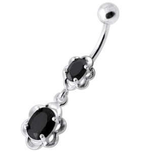 Dangling Single Jeweled Flower Navel Belly Bar - Black