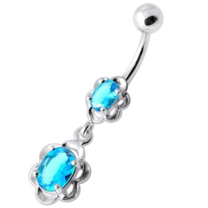 Dangling Single Jeweled Flower Navel Belly Bar - Aqua