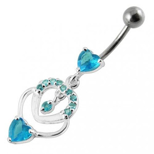 Fancy  Multi Heart Dangling Curved Belly Body Jewelry Ring - Aqua