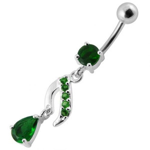 Fancy Jeweled Silver Dangling Curved Belly Ring - Emerald