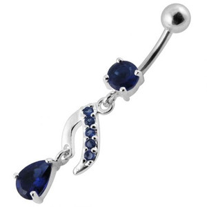 Fancy Jeweled Silver Dangling Curved Belly Ring - Dark blue