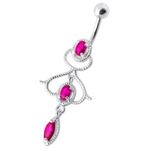 Fancy Jeweled Silver Dangling With Banana Bar Navel Ring - Red