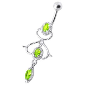 Fancy Jeweled Silver Dangling With Banana Bar Navel Ring - Peridot