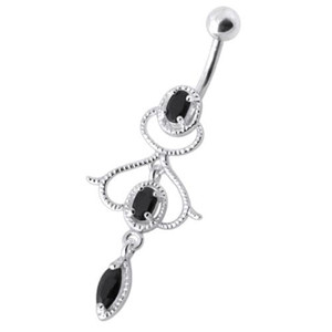 Fancy Jeweled Silver Dangling With Banana Bar Navel Ring - Black