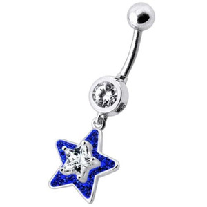 Fancy Jeweled Star Dangling Banana Bar Navel Ring - Dark Blue