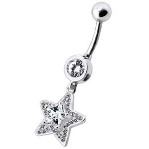 Fancy Jeweled Star Dangling Banana Bar Navel Ring - Clear
