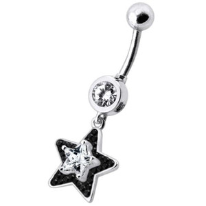 Fancy Jeweled Star Dangling Banana Bar Navel Ring - black