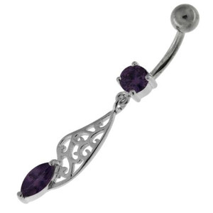 Fancy Jeweled Sterling Silver Navel Belly Bar - Purple