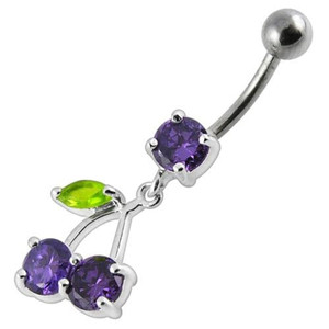 Cherry Jeweled Fancy Silver Dangling Belly Ring With SS Bar - Purple