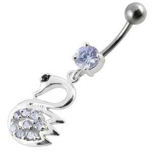 Fancy Jeweled Swan Silver Dangling Banana Bar Navel Body Ring - Lavender