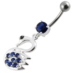 Fancy Jeweled Swan Silver Dangling Banana Bar Navel Body Ring - Dark blue