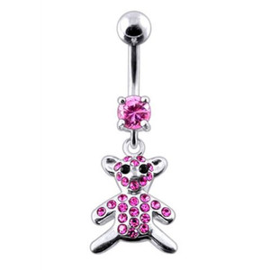 Fancy Jeweled Teddy Bear Dangling Belly Ring - Pink
