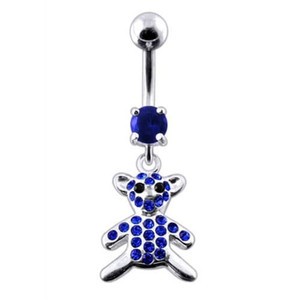 Fancy Jeweled Teddy Bear Dangling Belly Ring - Dark blue