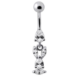 Fancy Bunny Jeweled Dangling Banana Bar Navel Ring - Clear