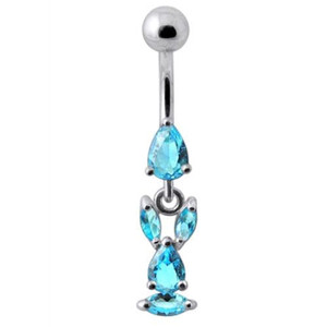 Fancy Bunny Jeweled Dangling Banana Bar Navel Ring - Aqua