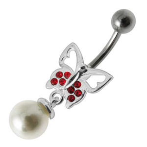 Fancy Butterfly Jeweled Pearl Dangling Curved Belly Ring Body Jewelry - Red
