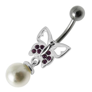 Fancy Butterfly Jeweled Pearl Dangling Curved Belly Ring Body Jewelry - Purple