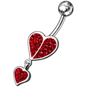 Fancy Loop Heart Silver Dangling Belly Ring With SS Banana Bar - Red