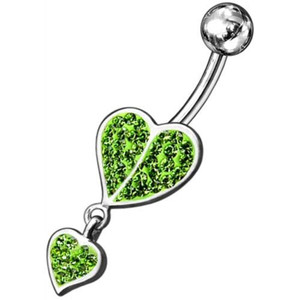 Fancy Loop Heart Silver Dangling Belly Ring With SS Banana Bar - Peridot